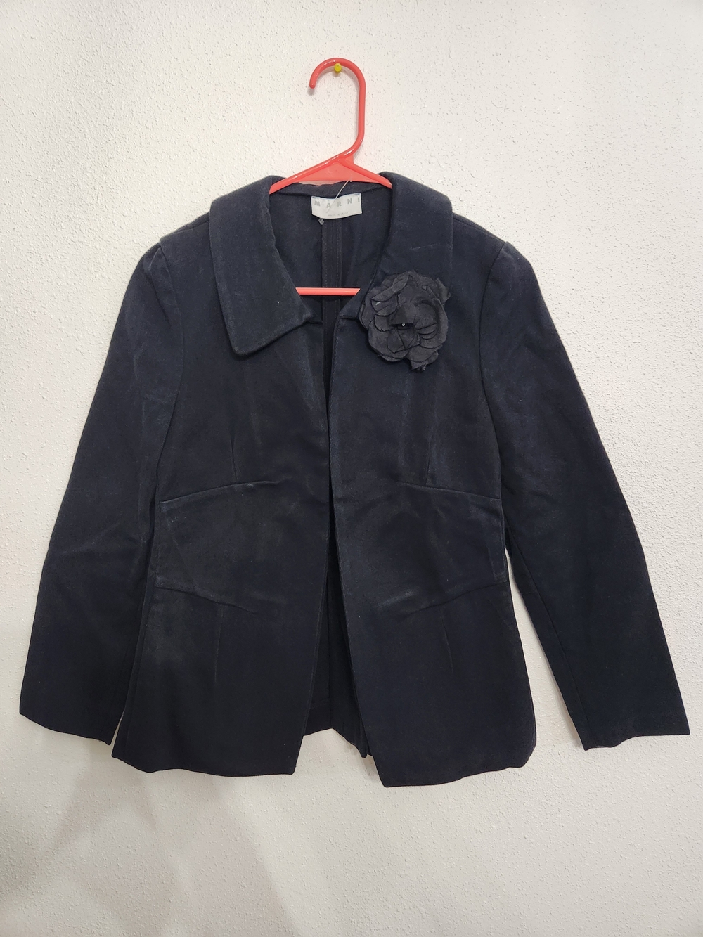 Vintage MARNI 100% Cotton Structured Women's Black Flower-Accent Jacket Sz 40